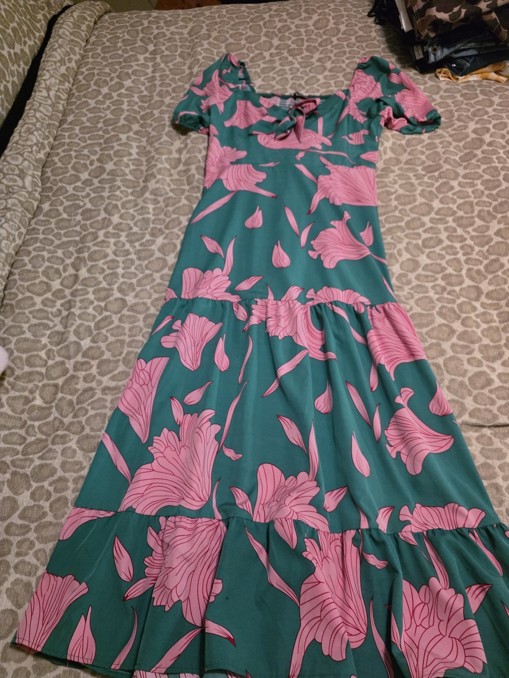 SHEIN Teal Maxi Dress with Pink Floral Print